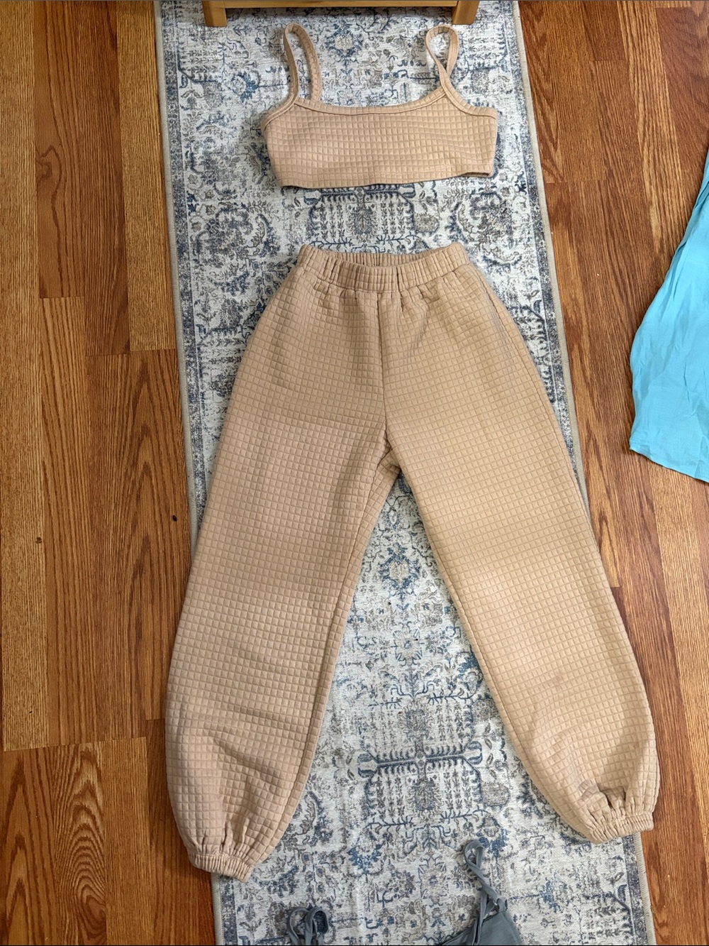 Altar'd State Tan Waffle Knit Jogger Pants and Crop Top Set